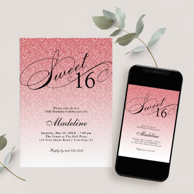 Baby Pink Glam Glitter Sweet 16 Invitation (Creator Uploaded)