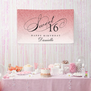 Baby Pink Glitter Sweet 16 Personalized Birthday  Banner