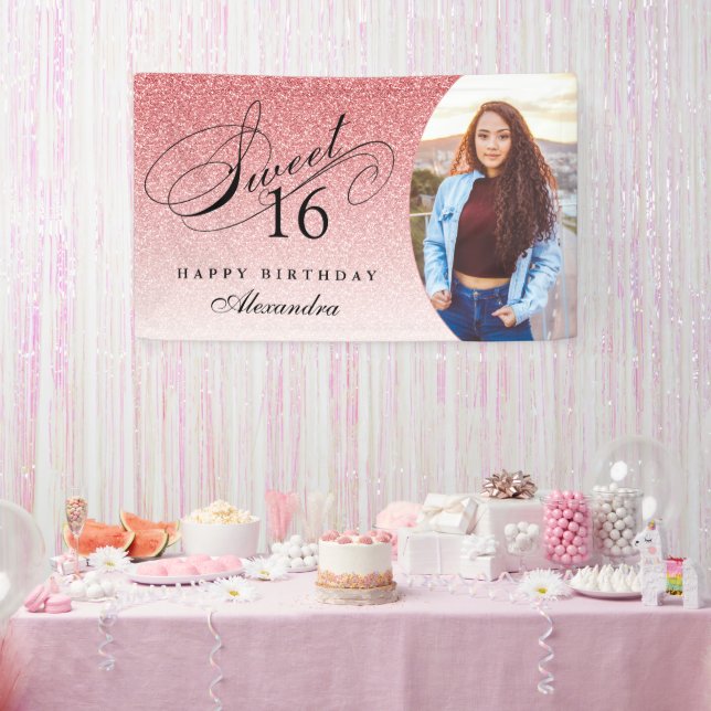 Baby Pink Glitter Sweet 16 Personalized Photo Banner (Party)