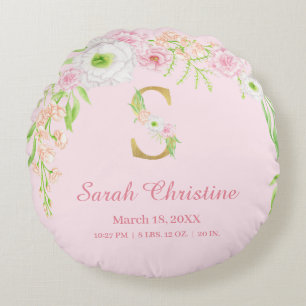 Baby Pink Gold Monogram "S" Baby Girl Stats Round Pillow