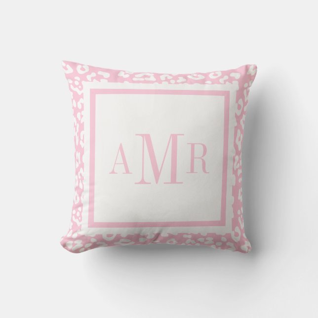 Baby Pink Leopard Print Monogram Initials Throw Pillow (Front)