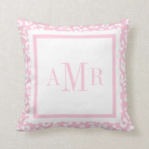 Baby Pink Leopard Print Monogram Initials Throw Pillow