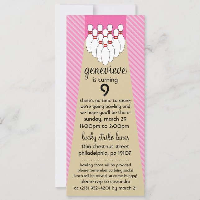 Baby Pink Lucky Strike Bowling Birthday Party Invitation (Front)
