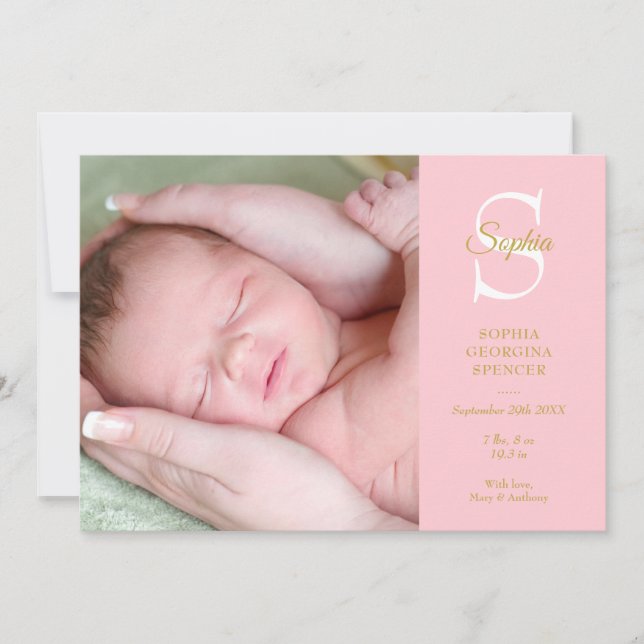 Baby Pink Monogram Birth 4 Photos Modern Announcement (Front)