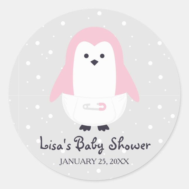 Baby Pink Penguin Baby Shower Sticker (Front)
