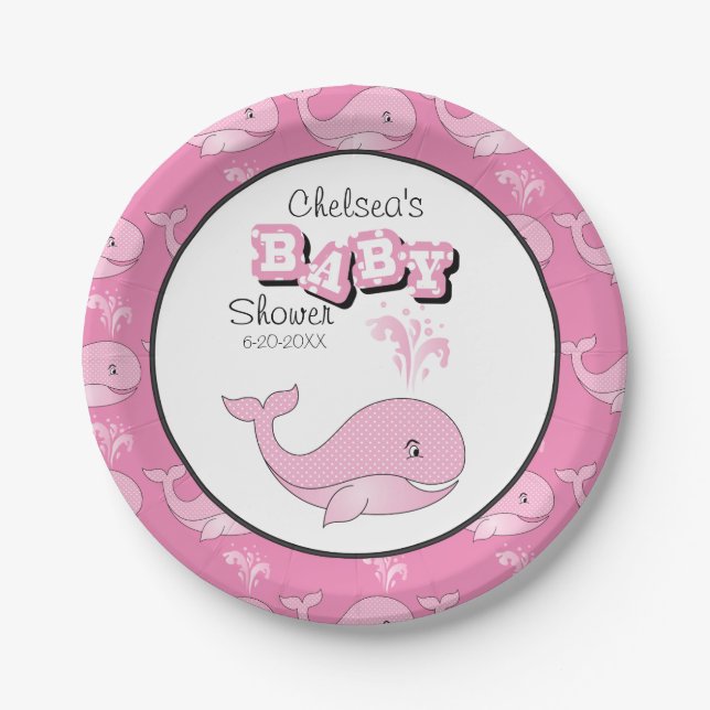 Baby Pink Polka Dotted Whale | Personalize Paper Plate (Front)