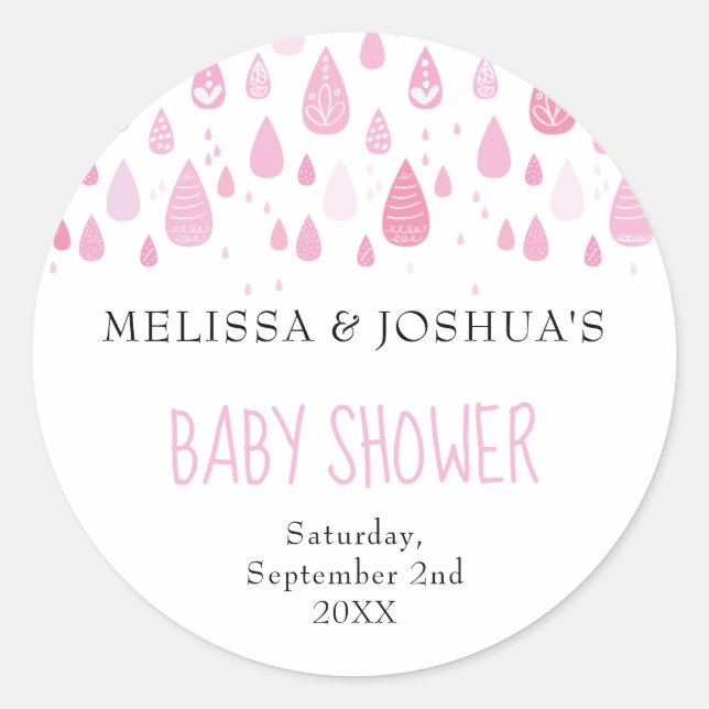 Baby pink raindrops couples baby shower classic round sticker (Front)