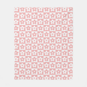 Baby Pink Retro Checkered Flower Pattern Fleece Blanket
