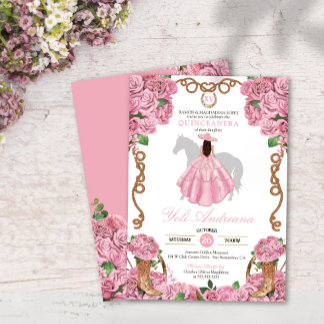 Baby Pink Rose Floral Western Charro Quinceañera Invitation
