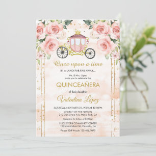 Baby Pink Roses Princess Cinderella Quinceañera Invitation