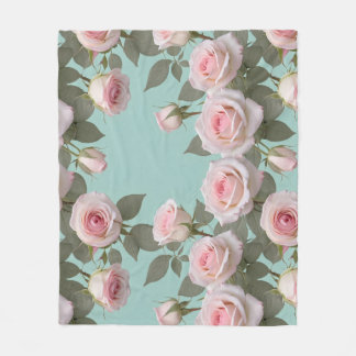 Baby Pink Roses With Sage Green Leaves Fleece Blanket