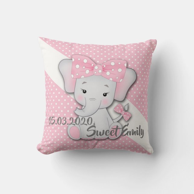 Baby pink white grey cartoon elephant personalize throw pillow (Front)