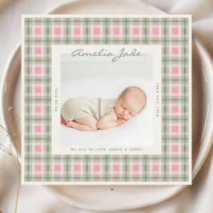 Baby plaid Sage green pink Announcement Card