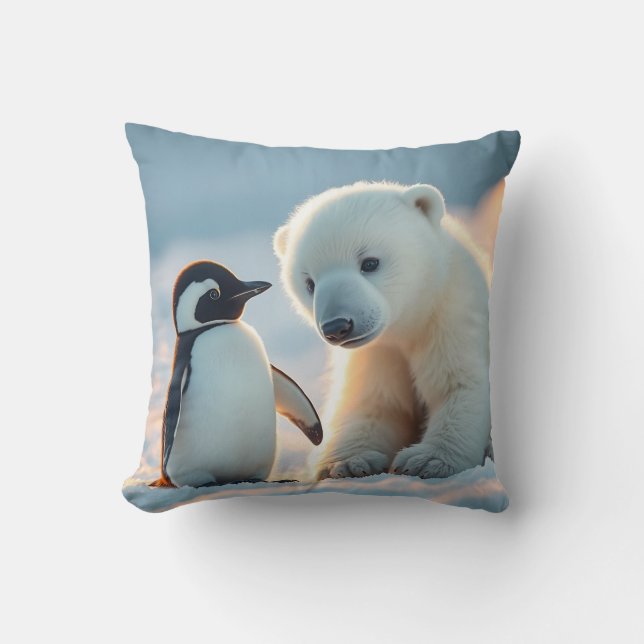 Baby Polar Bear and Penguin Pillow Cushion (Front)