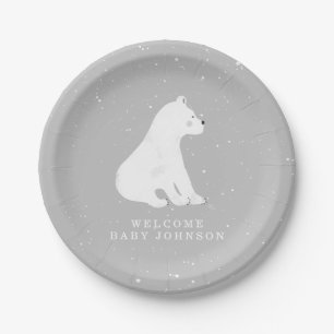 Baby Polar Bear Cub Grey Winter Baby Shower Paper Plate
