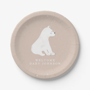 Baby Polar Bear Cub Pink Winter Baby Shower Paper Plate