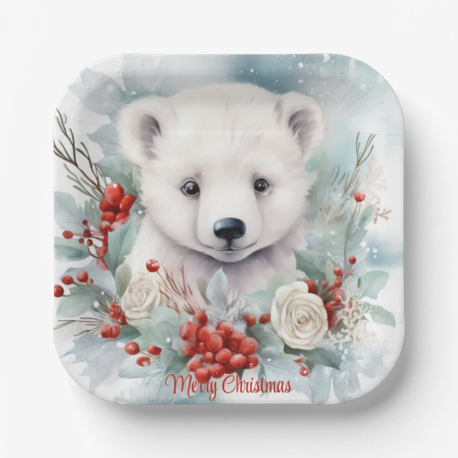 Baby Polar Bear Custom Text Holiday or Christmas Paper Plate (Front)