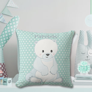 Baby Polar Bear Pastel Green Polka-Dot Monogram Throw Pillow