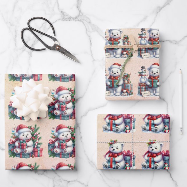 Baby Polar Bears Christmas Kids Wrapping Paper Sheet (Front)