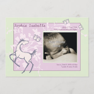Baby Pony and Butterflies Girl Birth Announcement