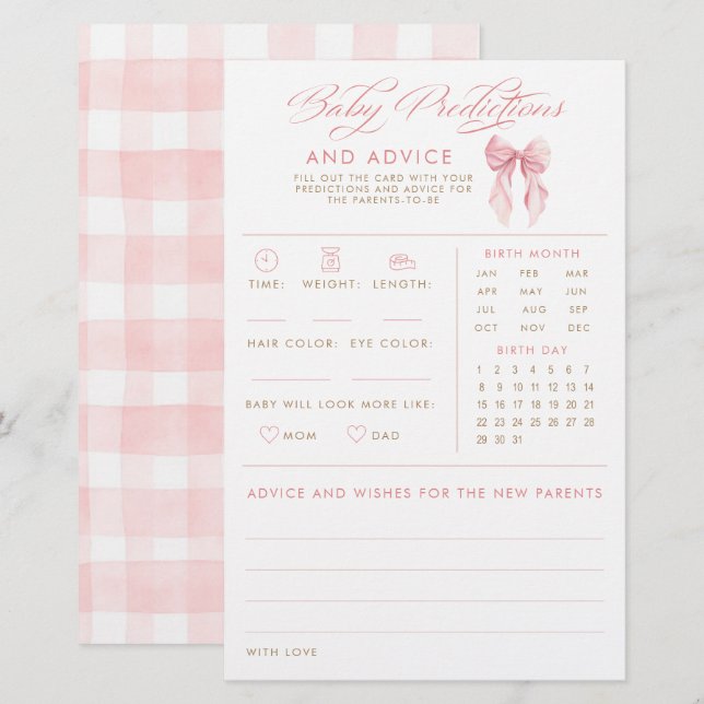 Baby Predictions & Advice Bow Baby Shower Game (Front/Back)