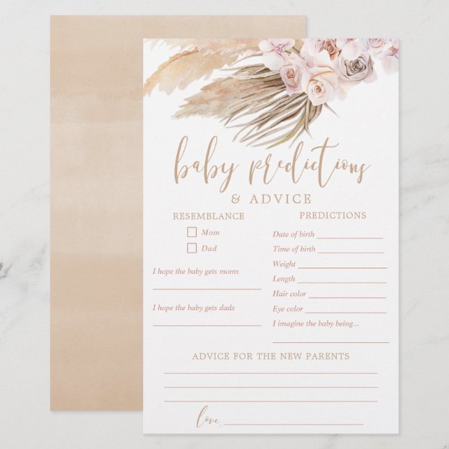 Baby predictions advice card pampas grass boho (Front/Back)