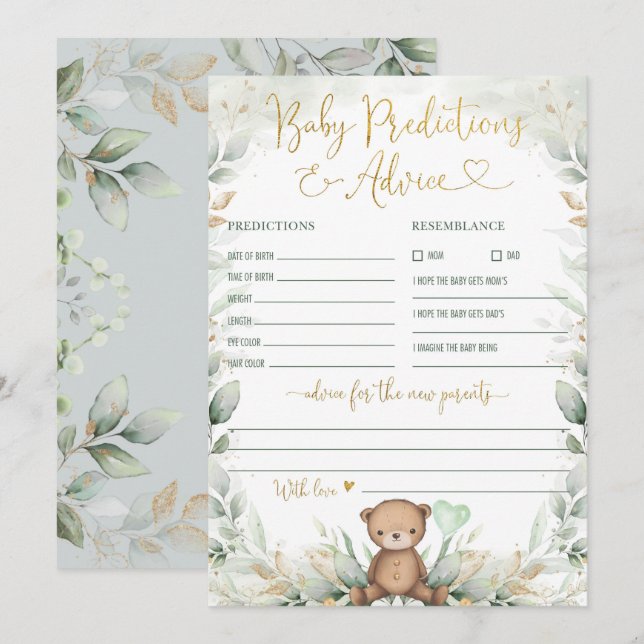 Baby Predictions & Advice Teddy Bear Greenery Game Invitation (Front/Back)