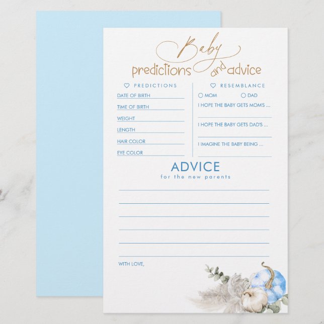 Baby Predictions and Advice Baby Shower Game (Front/Back)