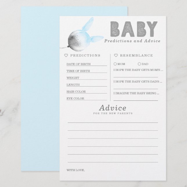 Baby Predictions and Advice Baby Shower Game (Front/Back)