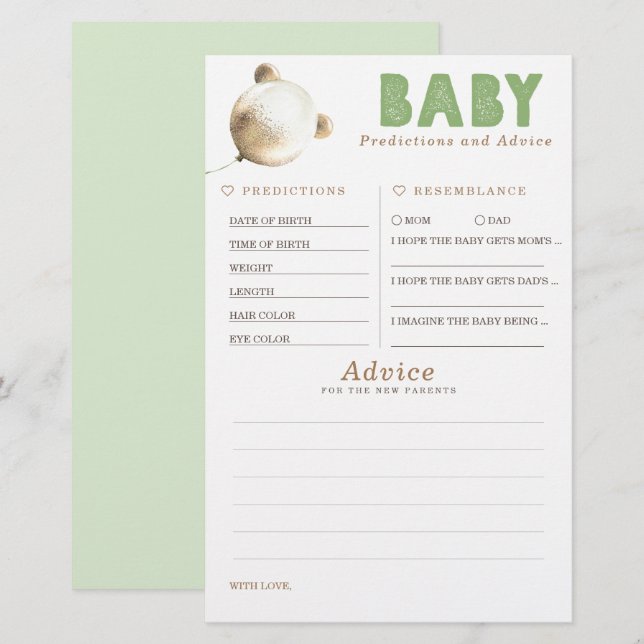 Baby Predictions and Advice Baby Shower Game (Front/Back)