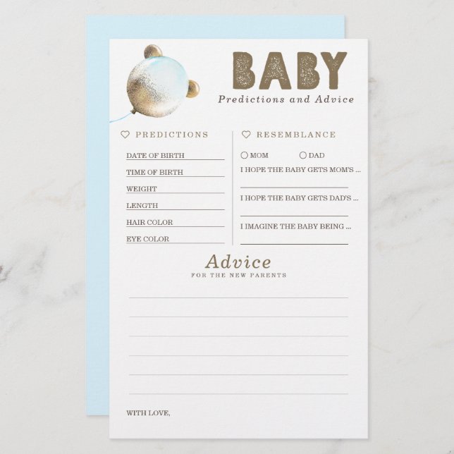 Baby Predictions and Advice Baby Shower Game (Front/Back)