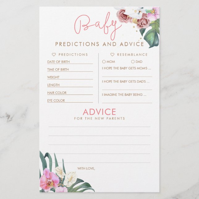 Baby Predictions and Advice Baby Shower Game (Front)