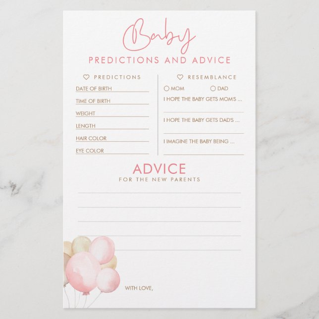 Baby Predictions and Advice Baby Shower Game (Front)