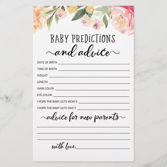 Baby Predictions and Advice Baby Shower Party game (Front)