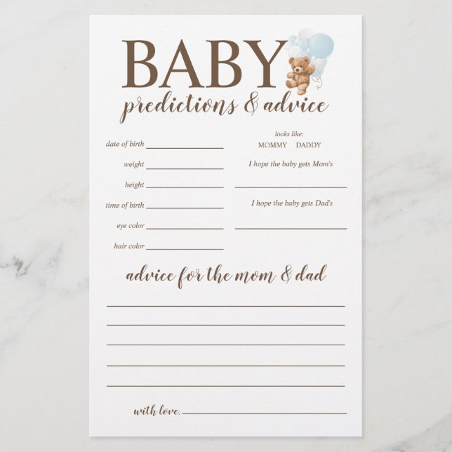 Baby Predictions and Advice Blue Teddy Bear Game Flyer (Front)
