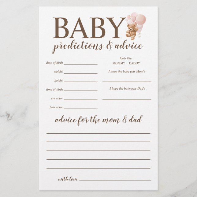 Baby Predictions and Advice Pink Teddy Bear Game Flyer (Front)