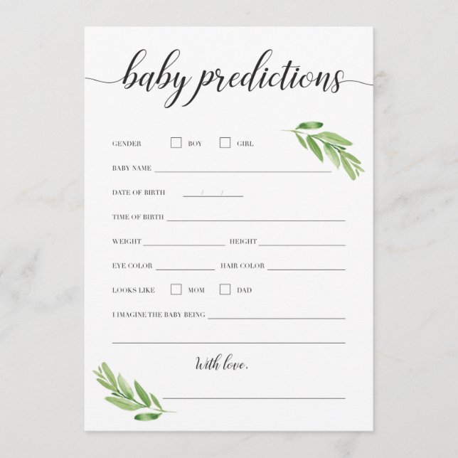 Baby Predictions Card for Baby Shower Greenery (Front)