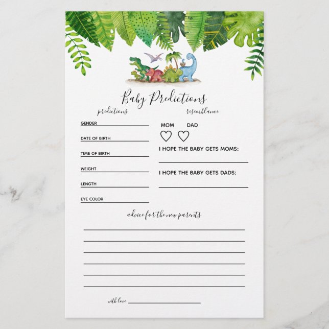 Baby Predictions Dinosaur Baby Shower Game (Front)