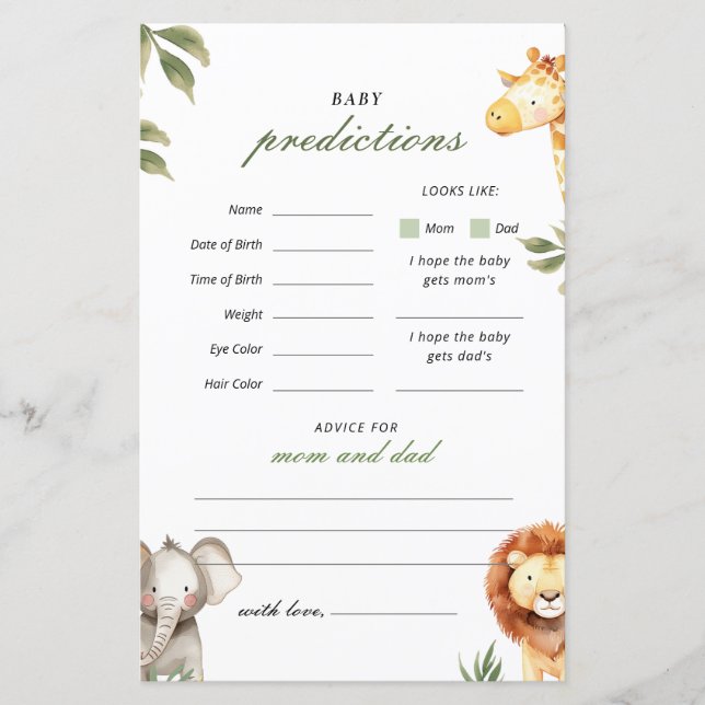 Baby Predictions Safari Animals Baby Shower Game (Front)