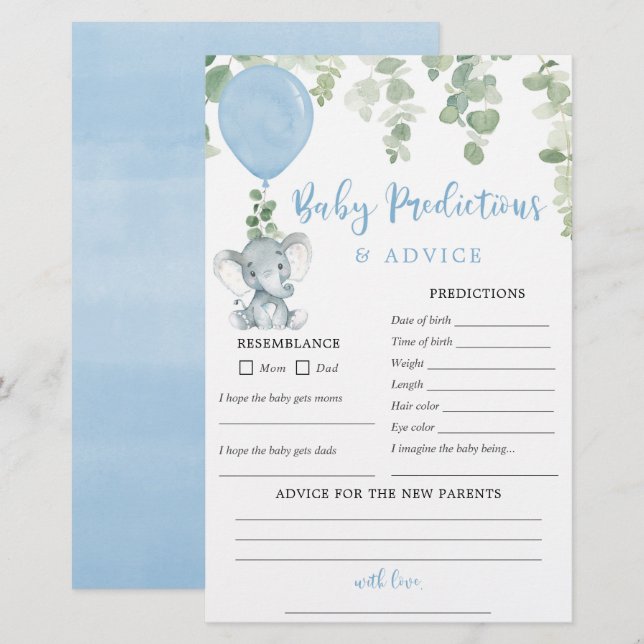 Baby pronostics carte conseil Elephant bleu ballon (Devant / Derrière)