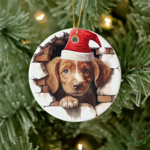 Baby Puppy in Santa Hat - 3D Ceramic Ornament