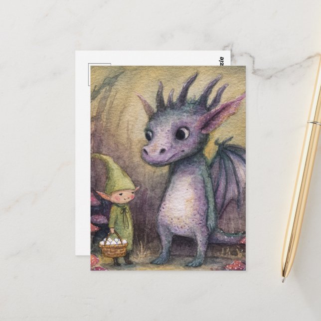 Baby Purple Dragon and Elf With Eggs Postcard (Front/Back In Situ)