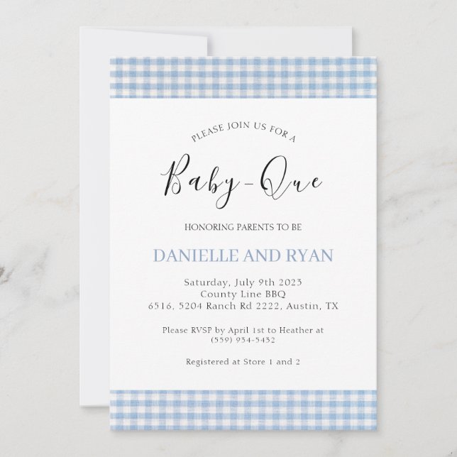 Baby Q Baby Shower Barbecue Chequered Boy Blue Invitation (Front)