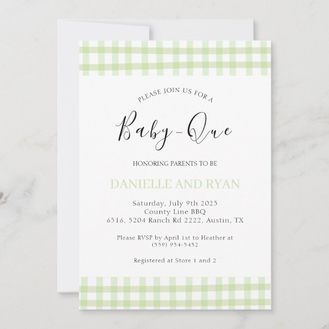 Baby Q Baby Shower Barbecue Chequered Green Blue Invitation (Front)