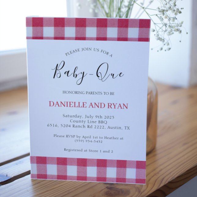 Baby Q Baby Shower Barbecue Chequered Red Couple Invitation (Creator Uploaded)