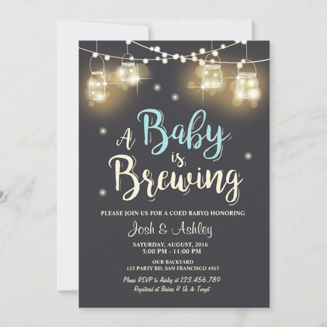 Baby Q Invitation Coed BBQ Baby Brewing Boy Blue (Front)