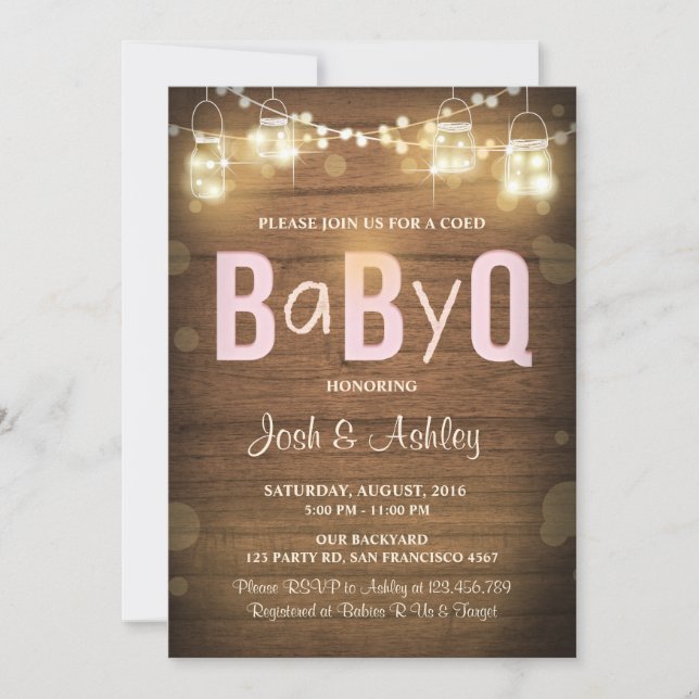 Baby Q invitation Coed BBQ Baby Shower Rustic Pink (Front)