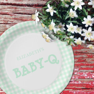 Baby-Q Mint Green Gingham Baby Shower Paper Plate