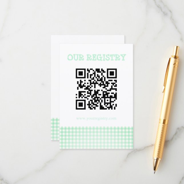 Baby-Q Mint Green Gingham Baby Shower Registry Enclosure Card (Front/Back In Situ)