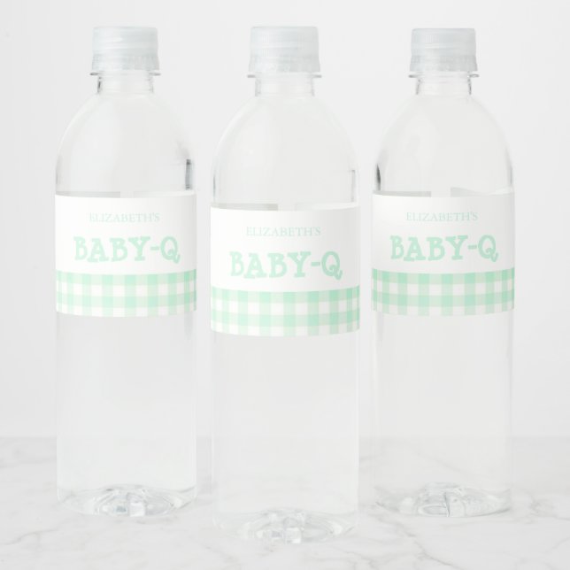 Baby-Q Mint Green Gingham Baby Shower Water Bottle Label (Bottles)